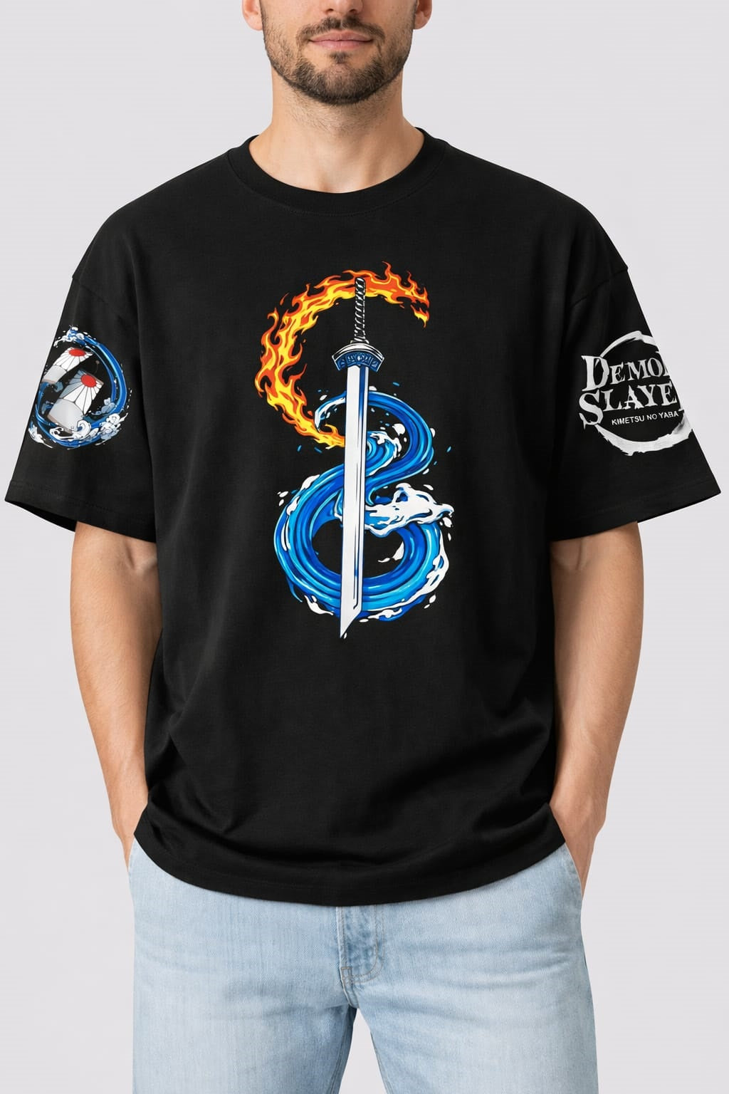Fire & Water Blade Anime T-Shirt | Double-Sided Graphic Streetwear | Demon Slayer