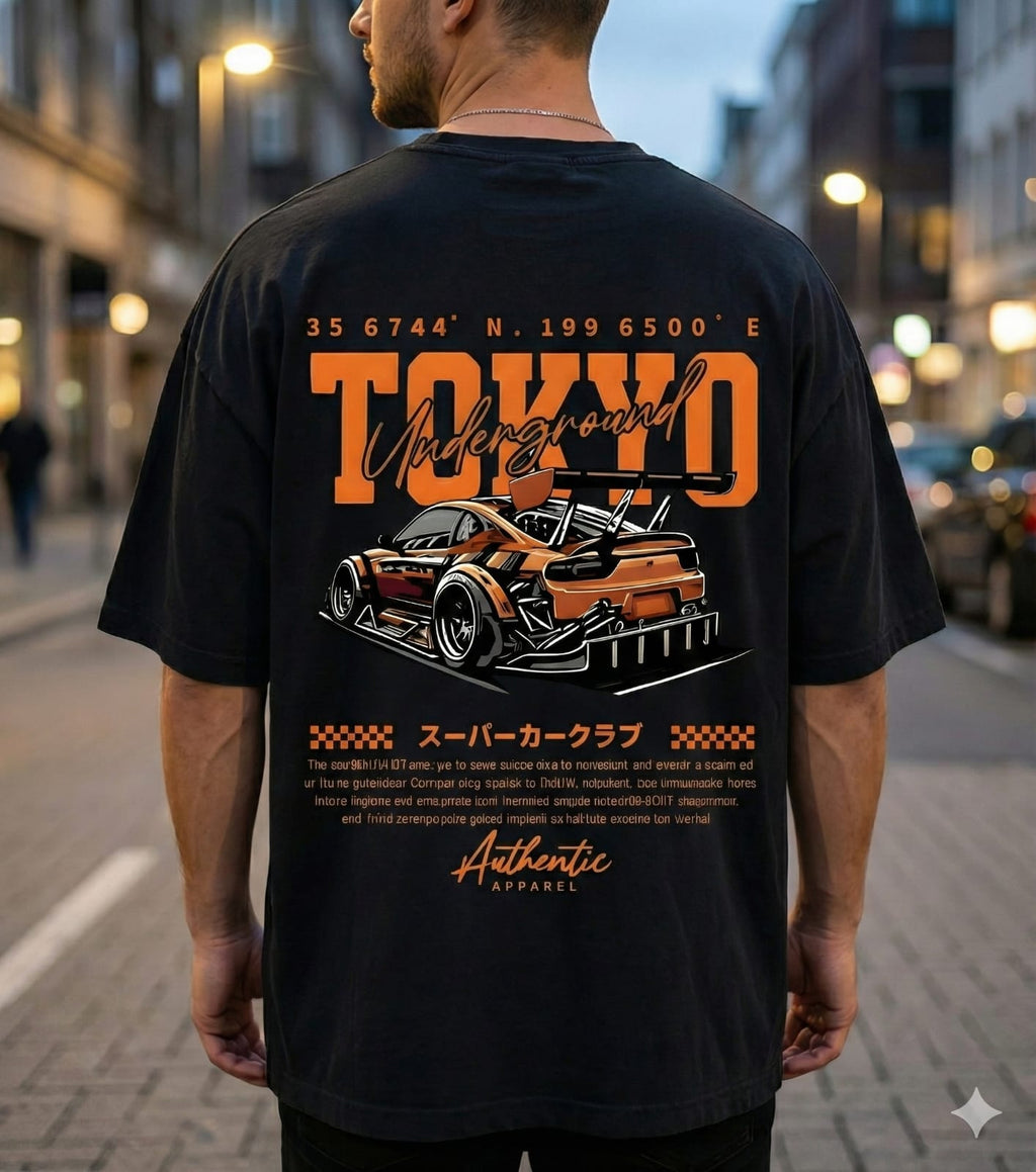 Tokyo Underground – Black Drop Shoulder Car Graphic T-Shirt